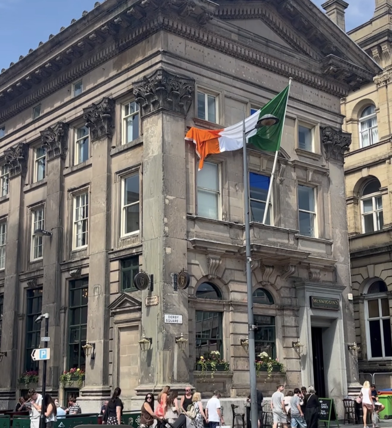 McSwiggin’s on the corner of Fenwick Street and Derby Square, Irish tricolour flying
