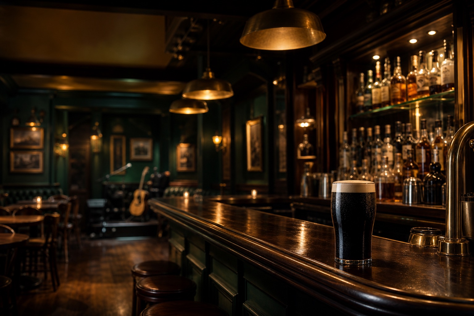 The McSwiggin’s bar with a stout pint and warm whiskey shelf lighting