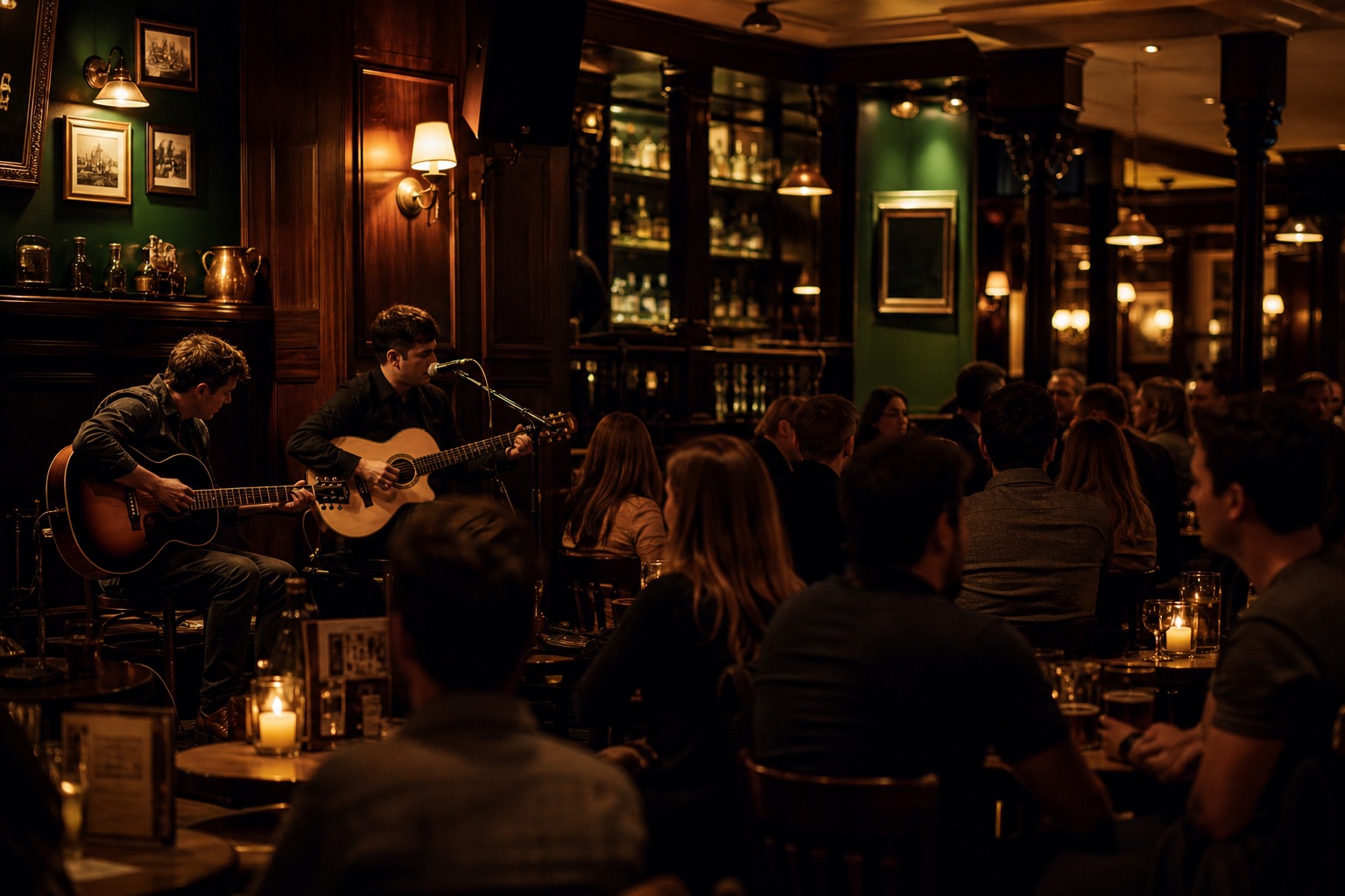 Acoustic musicians playing to a seated pub crowd