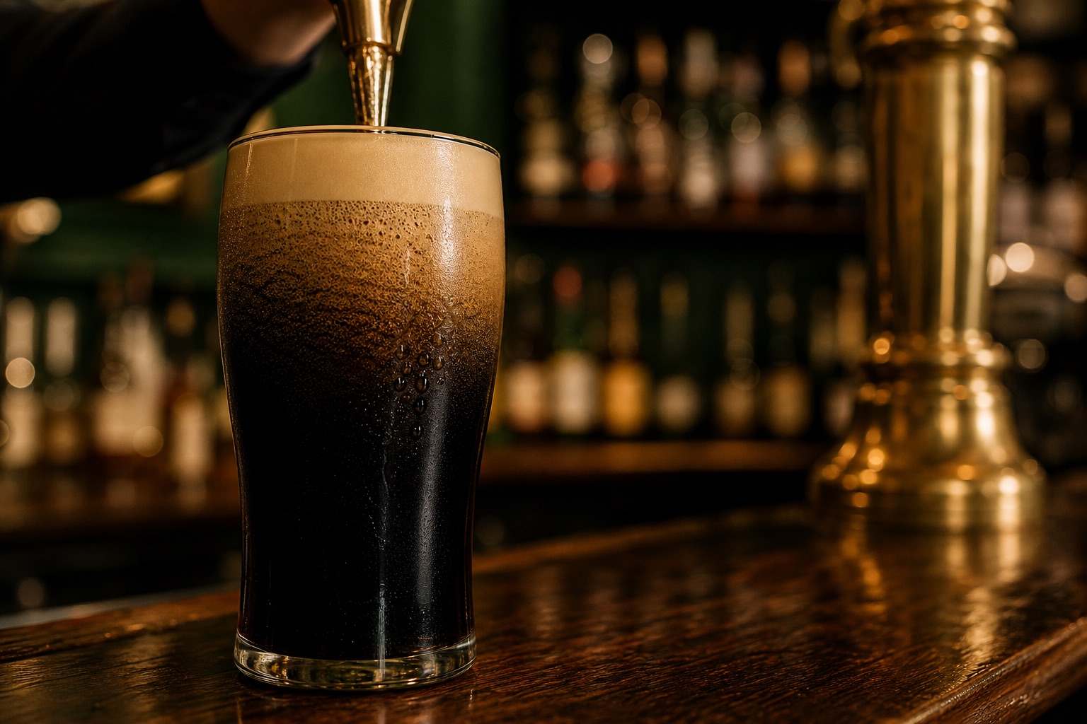 A stout pint being poured with a creamy head